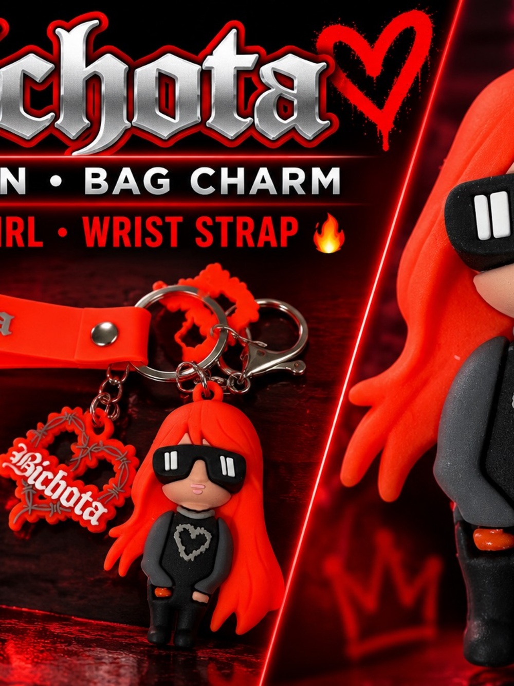 Bichota Red Hair Girl Keychain Bag Charm Figure Wrist Strap Heart Sunglasses